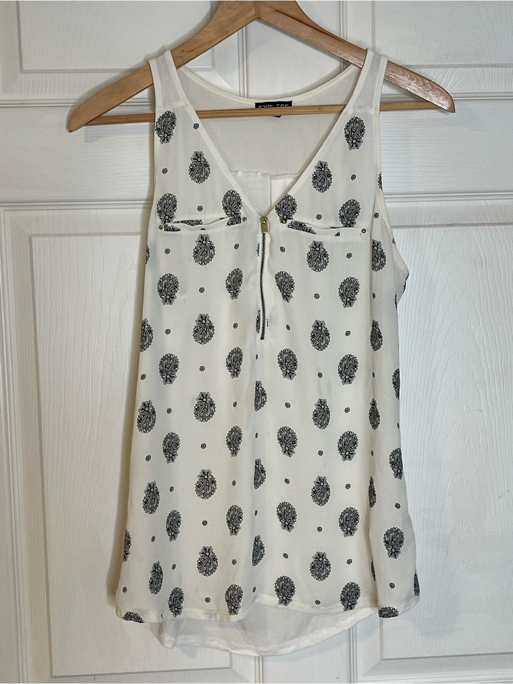 Express White Tank Top with Black Paisley Print and Front Zip